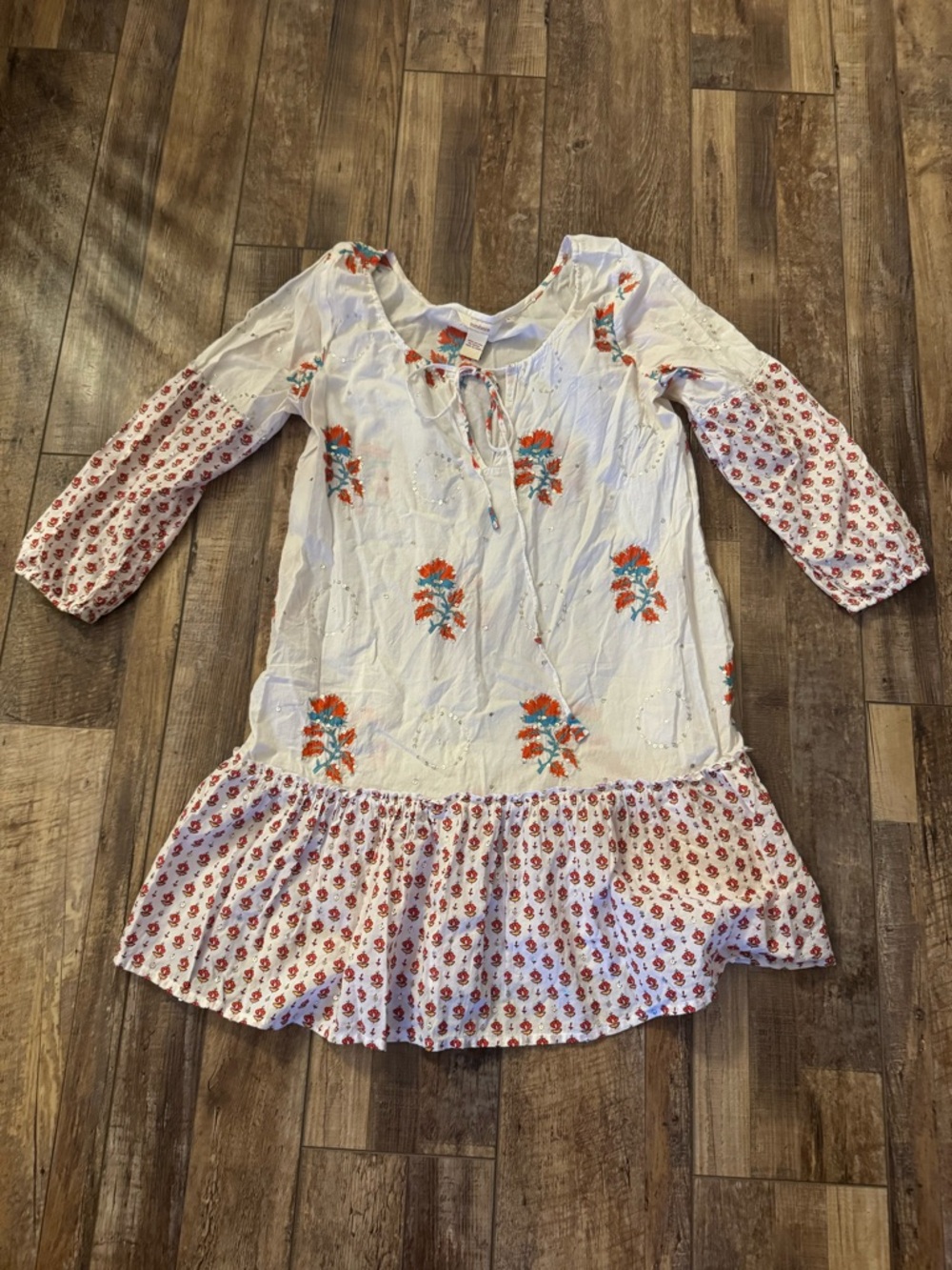 Sundance White Dress with Orange and Teal Floral Embroidery